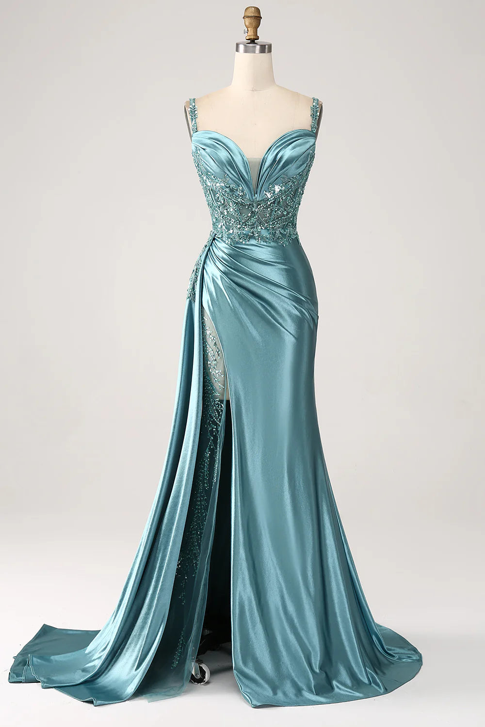 Blue Satin Mermaid V Neck Slit Long Prom Dresses With Lace Appliques, PL638