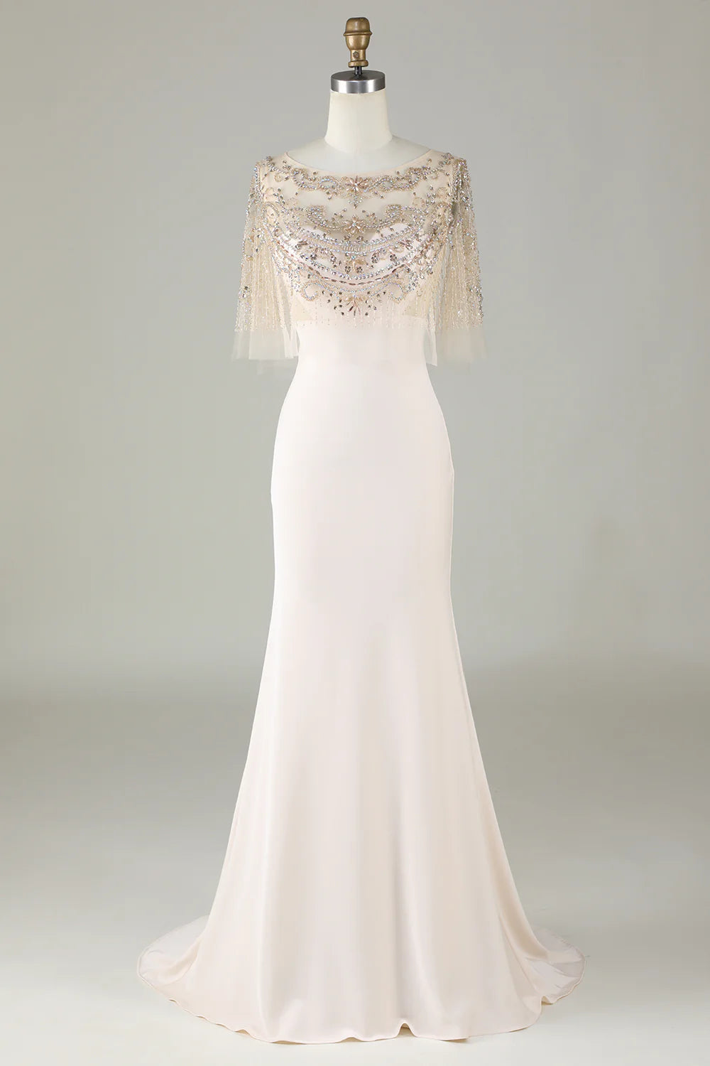 Glamorous Champagne Beaded Mermaid Prom Dress with Long Sleeves -Illusion Evening Gown, PD37879 main image 1