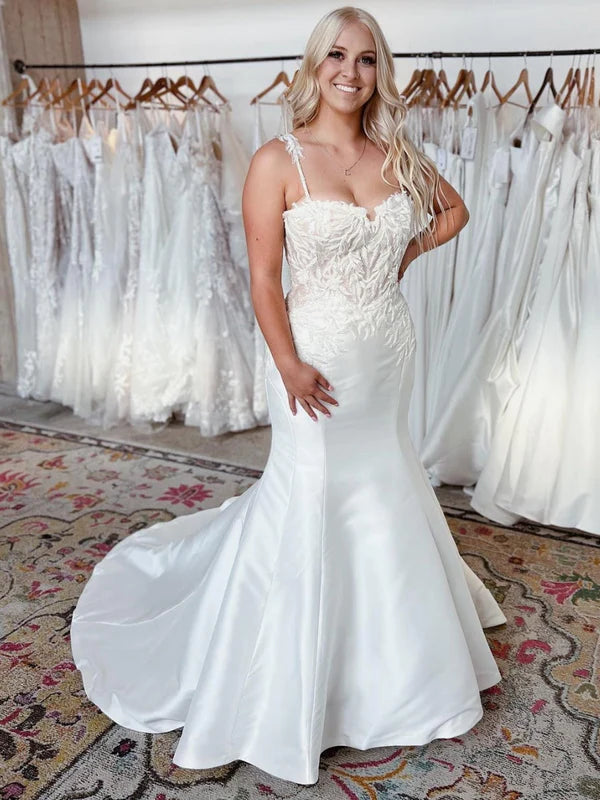 Chic Mermaid Strapless Satin Tulle Applique With Veil Long Wedding Dresses main image 1