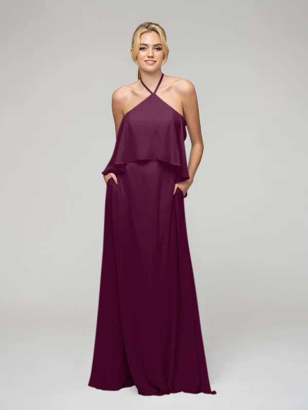 Floral Ruffle Design Halter Dress Elegant A-line Chiffon Evening Party Dress DP6129 main image 0