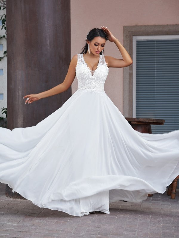 A-Line/Princess Chiffon Lace V-neck Sleeveless Sweep/Brush Train Wedding Dresses main image 1