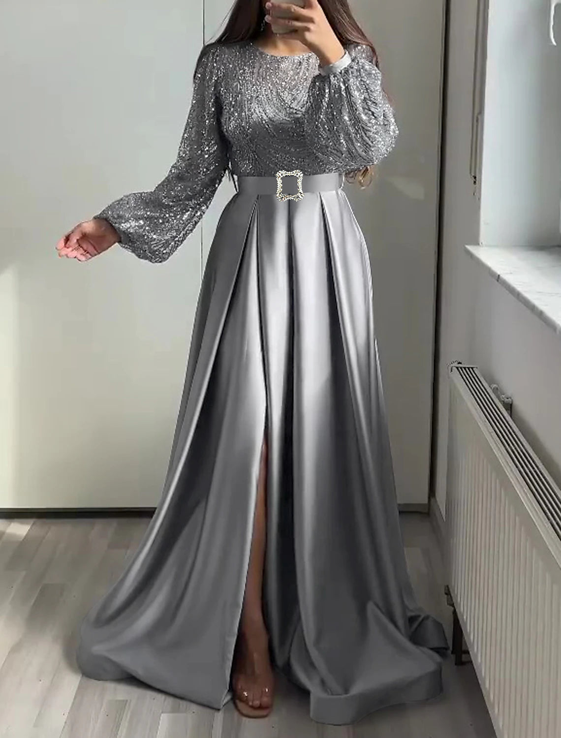 A-line Sparkling Diamond Open-Back Floor-Length Gown Steel Grey main image 1