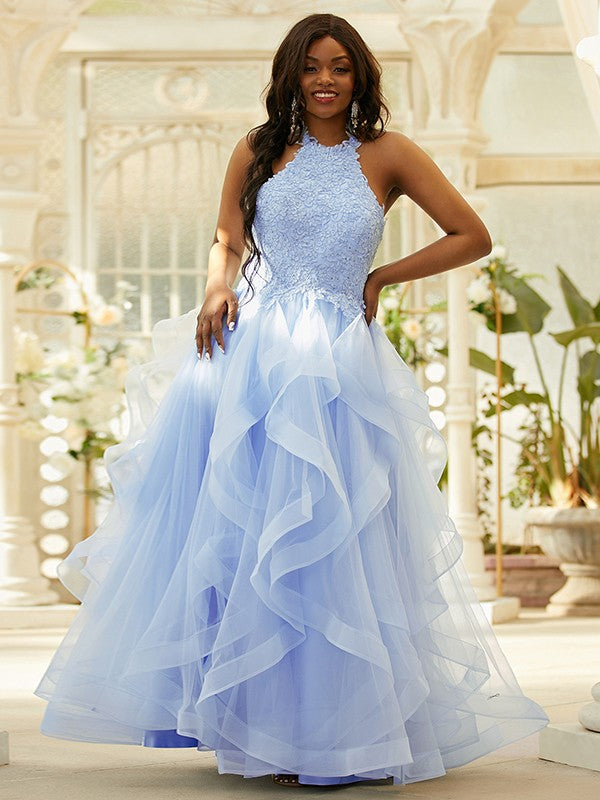 A-Line/Elegant Halter Sleeveless Floor-Length Applique Elastic Woven Satin Two Piece Prom Dresses main image 0