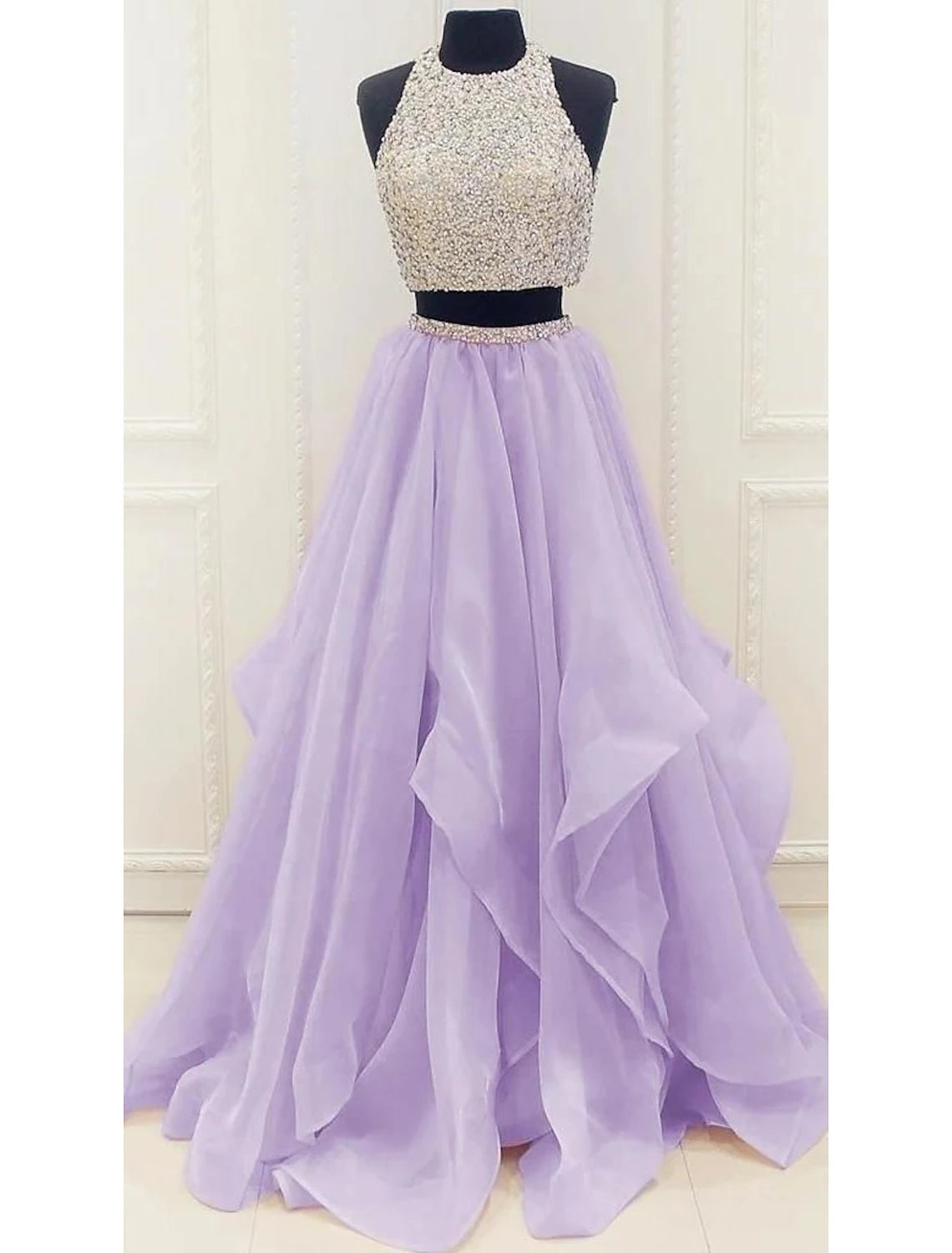 Sparkly Two-piece Sheath Ball Dress with Fringes