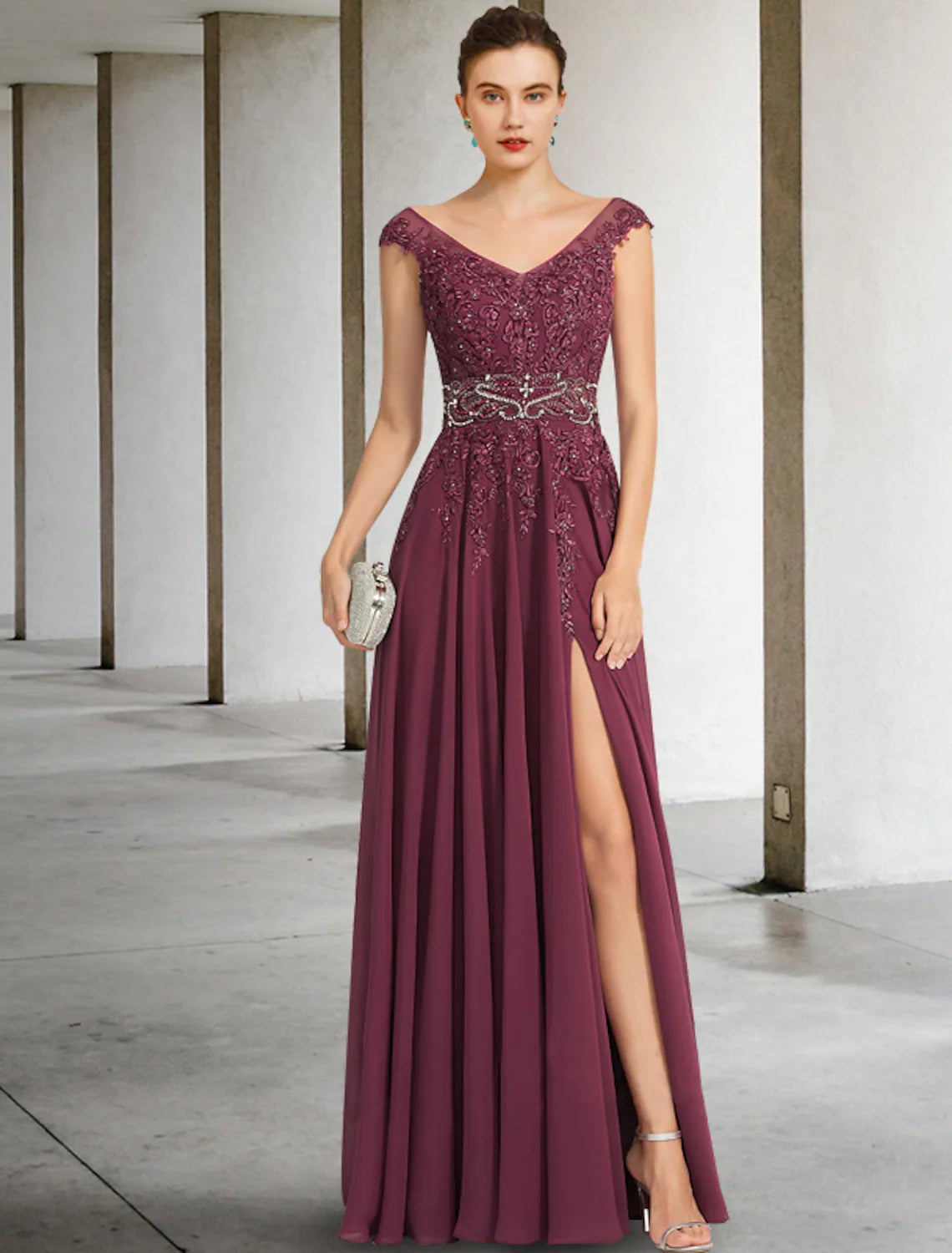 Elegant A-Line V Neck Long Sleeve Zipper Up Floor-Length Mother of the Bride Dress