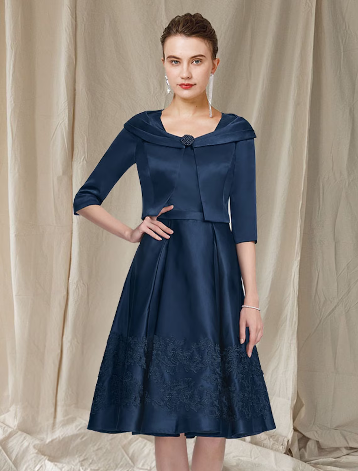 Two Piece A-Line Mother of the Bride Dress Wedding Guest Church Elegant V Neck Knee Length Chiffon Short Sleeve Jacket Dresses with Solid Color Fall