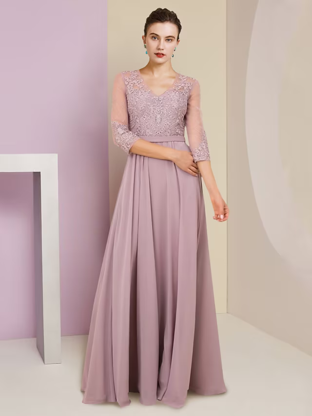 A-Line Mother of the Bride Dress Formal Wedding Guest Elegant V Neck F ...