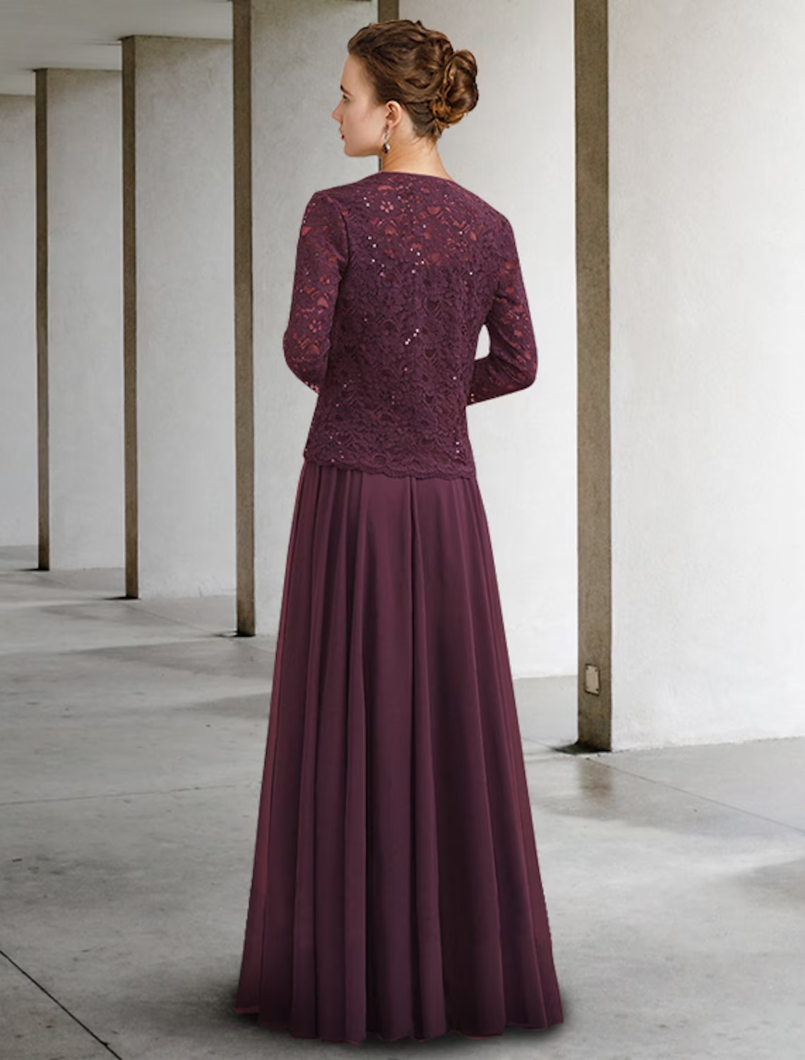 Two Piece A-Line Mother of the Bride Dress Elegant Jewel Neck Floor Length Chiffon Lace Half Sleeve with Pleats main image 0