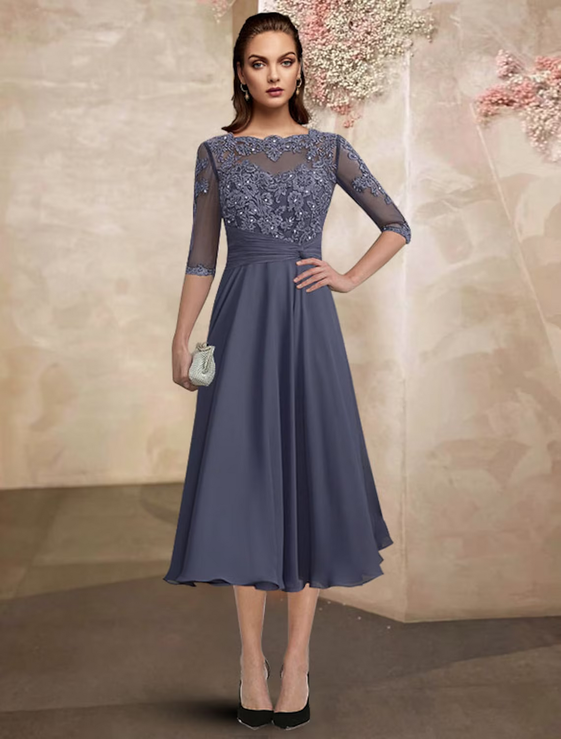 Plus Size A-Line V-Neck Velvet Tea-Length Mother of the Bride Dress