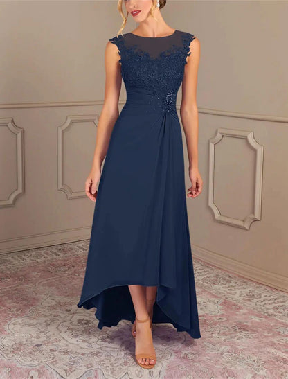 Two Piece Elegant Jewel Neck Asymmetrical Satin Half Sleeve Short Jacket Dresses with Crystals Mother of the Bride Dress