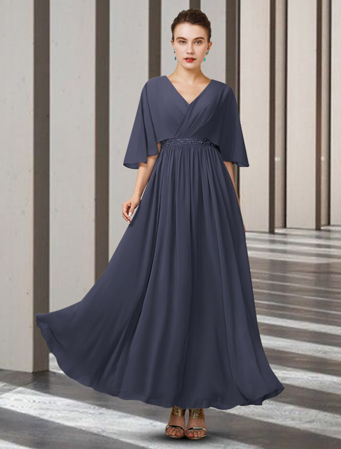 A Line V-Neck Shawl Collar Half Sleeve Long Mother of the Bride Dresses