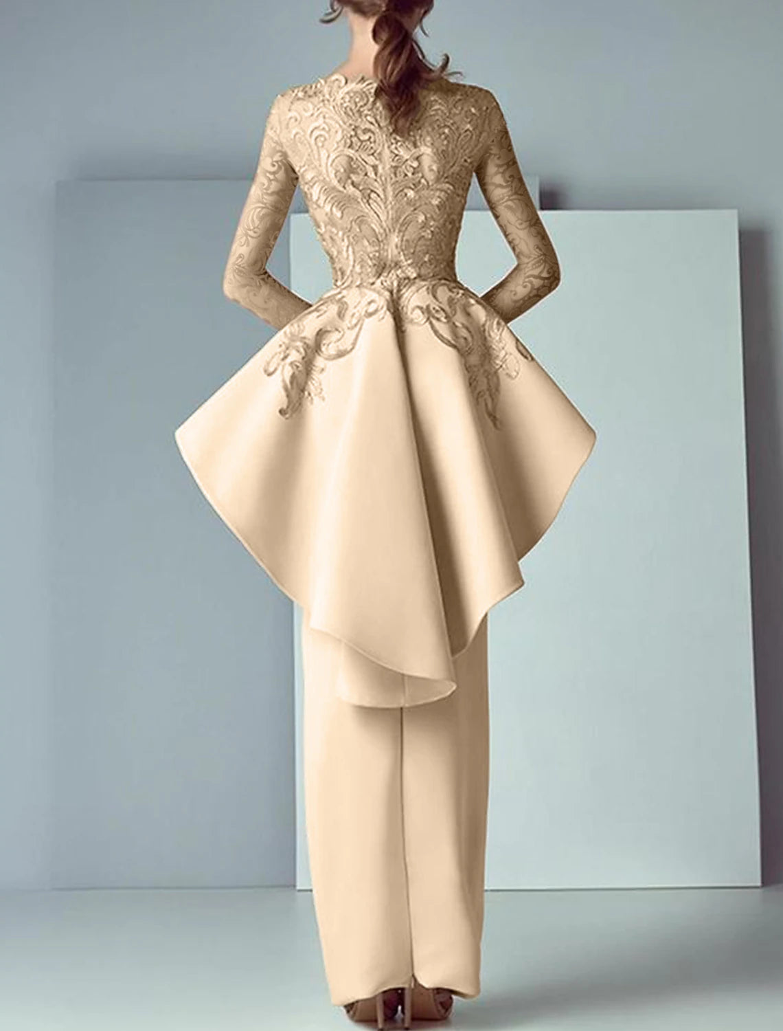 Sheath / Column Mother of the Bride Dress Formal Wedding Guest Party Elegant Scoop Neck Floor Length Chiffon Lace 3/4 Length Sleeve with Bow(s) Appliques main image 0