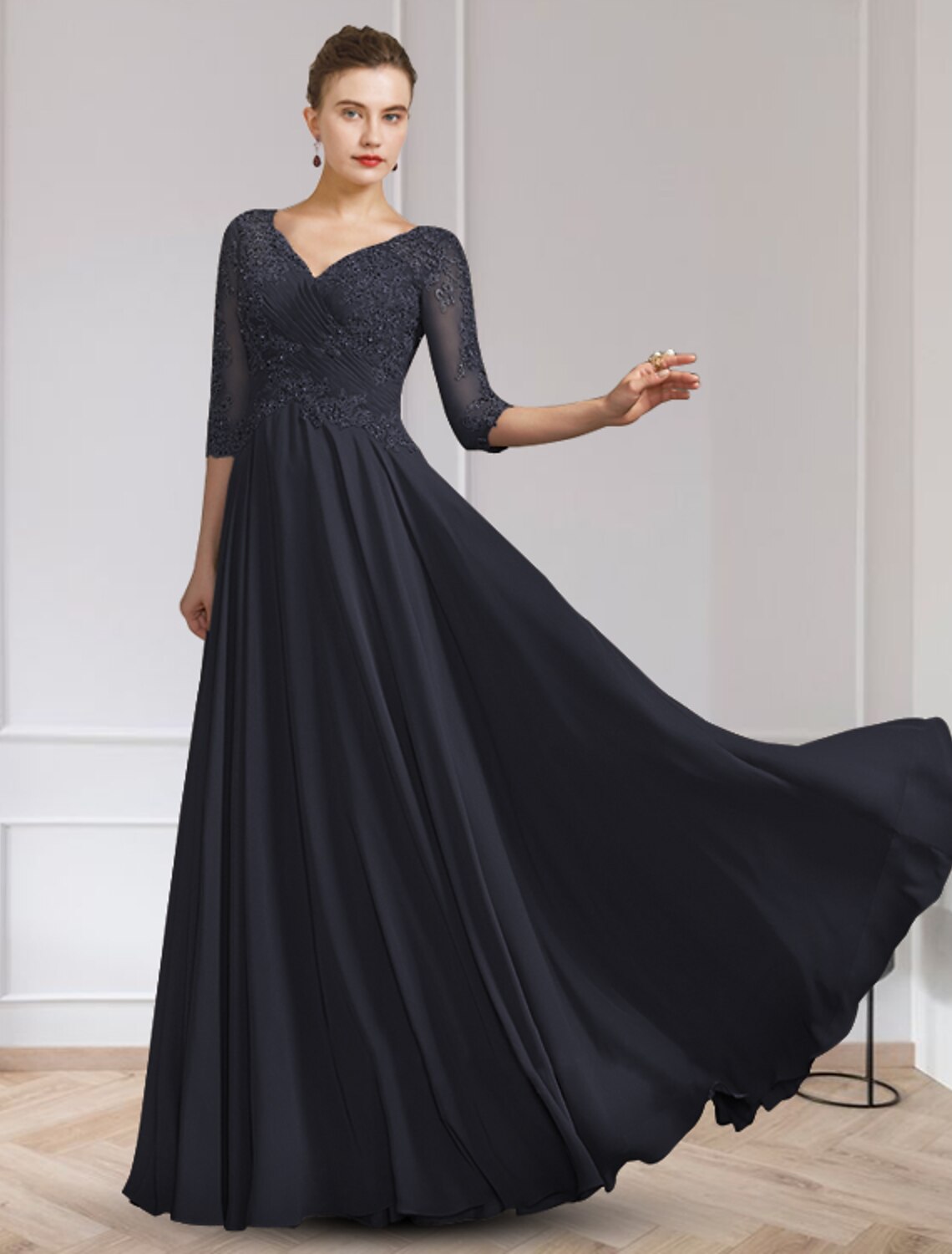 A-Line Mother of the Bride Dress Elegant V Neck Floor Length Chiffon L ...