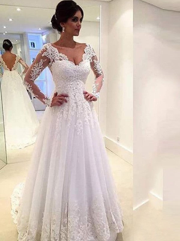 Ball Gown V-neck Long Sleeves Lace Court Train Tulle Wedding Dresses ...