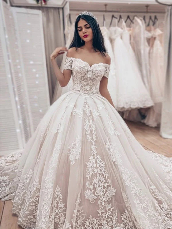 Off-The-Shoulder Sweetheart Stain Ball Gown Wedding Dress with Appliques main image 1