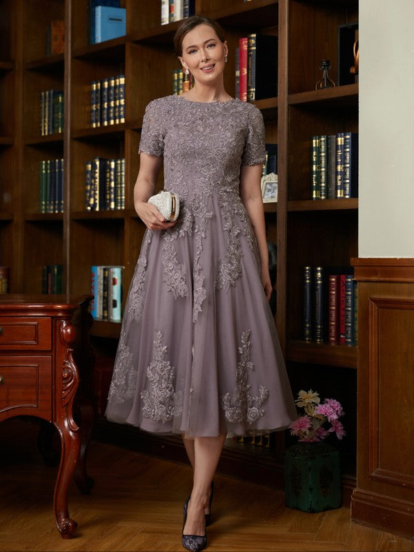 A-Line/Princess Tulle Short Sleeves Scoop Tea-Length Two Piece Dresses  PD412