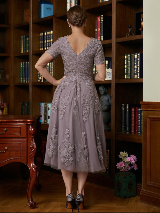 A-Line/Princess Scoop Short Sleeves Tea-Length Vintage Dress With Knotbow