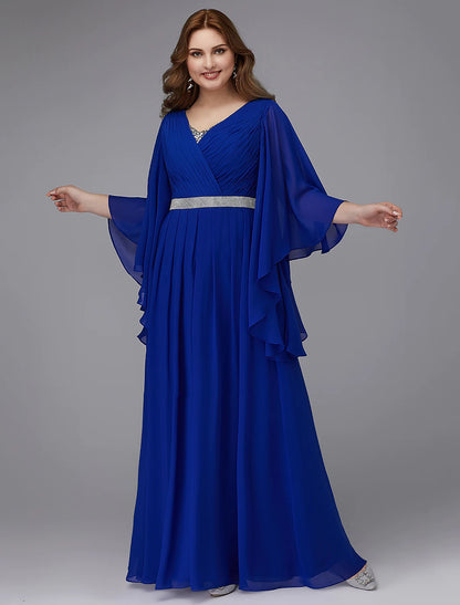 A-Line Plus Size Dress Wedding Guest Formal Evening Floor Length Long Sleeve V Neck Chiffon Lace-up with Crystals Sequin main image 0