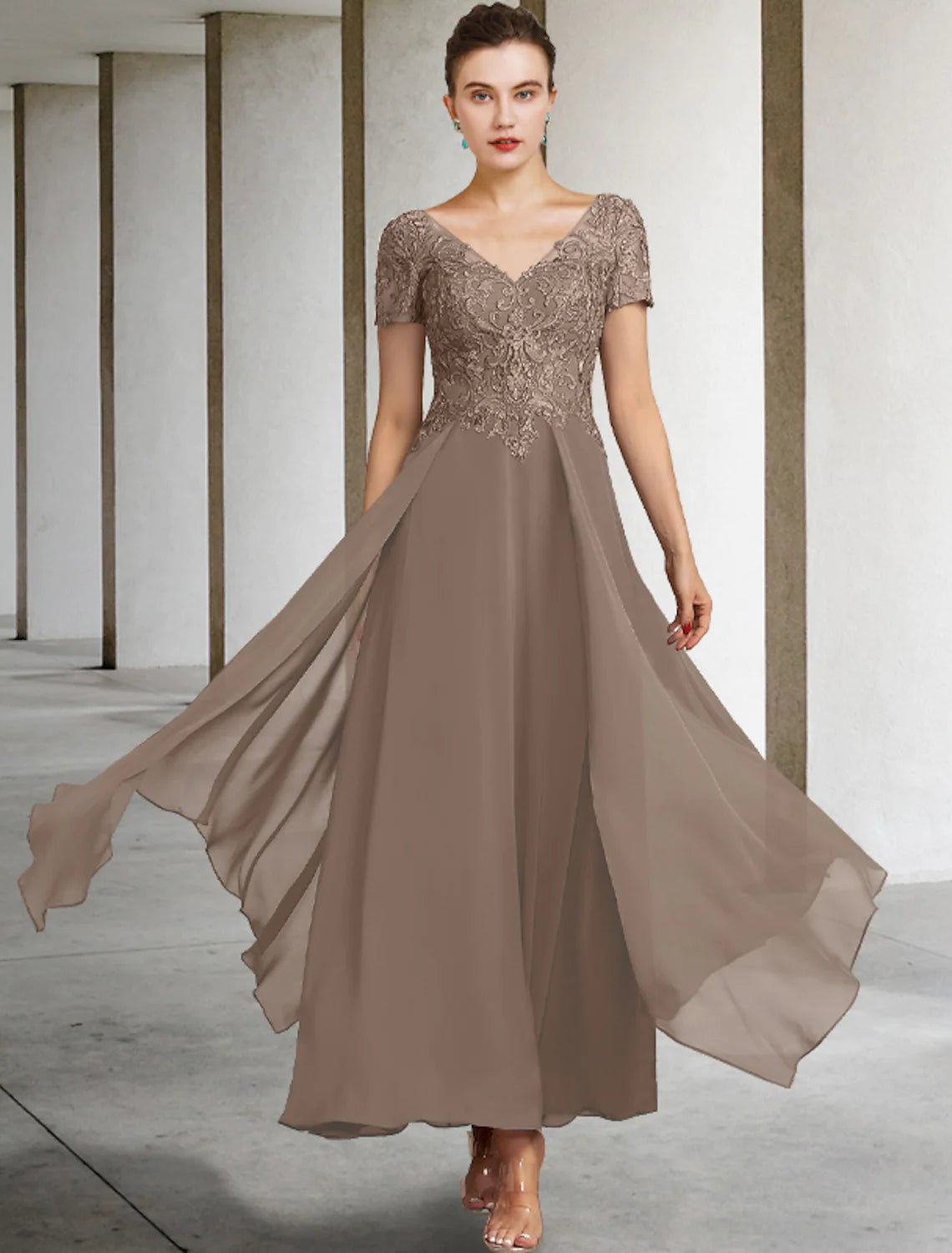 A-Line Mother of the Bride Dress Plus Size Elegant V Neck Ankle Length ...
