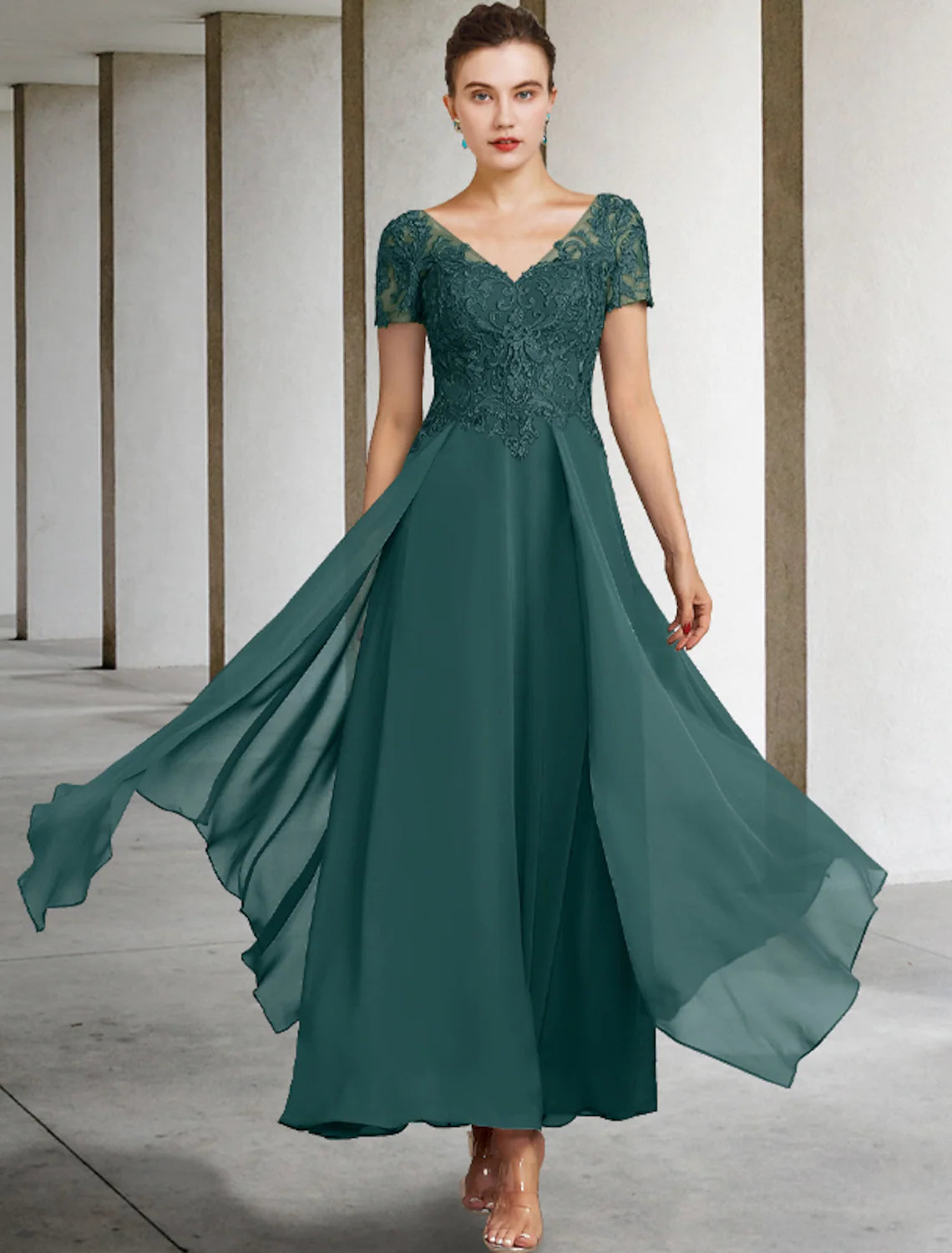 Plus Size V Neck A Line Long Mother of the Bride Dress with Appliques and Half Sleeves main image 0